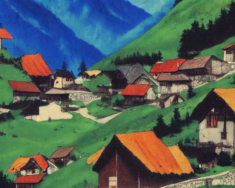 Scenic village with red-roofed houses, blue mountains, lush valleys