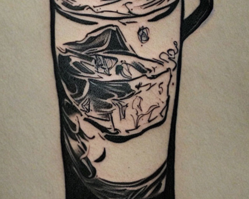 Detailed black and white woodcut style pint glass tattoo design with ship and sea monster.