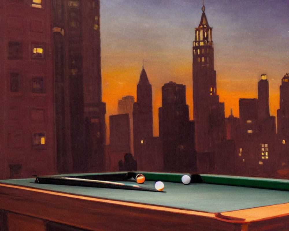 Billiard table painting on rooftop with city skyline at sunset