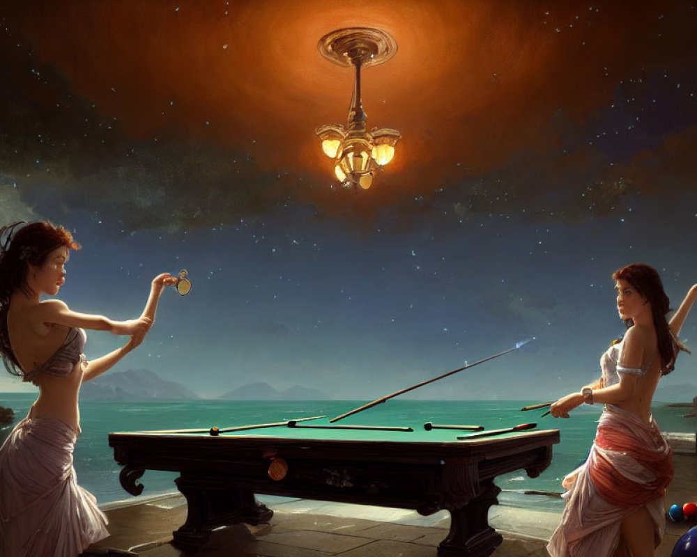 Two women playing pool in flowing dresses under chandelier on classical table, ocean and starry sky backdrop