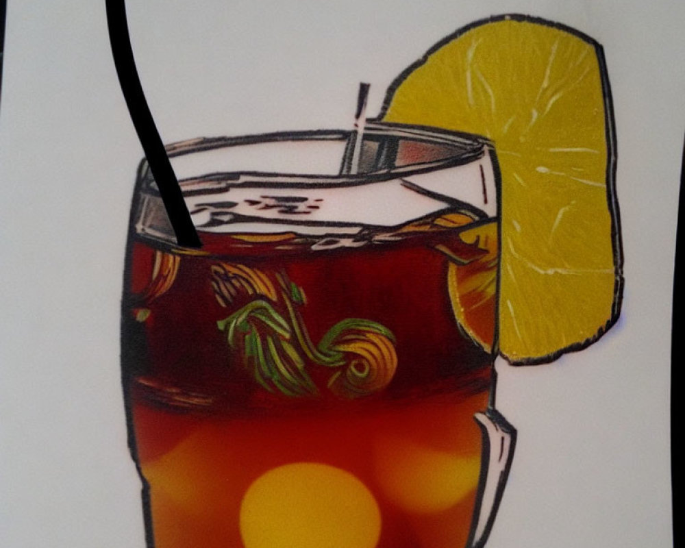 Refreshing iced tea with lemon slice and straw reflection