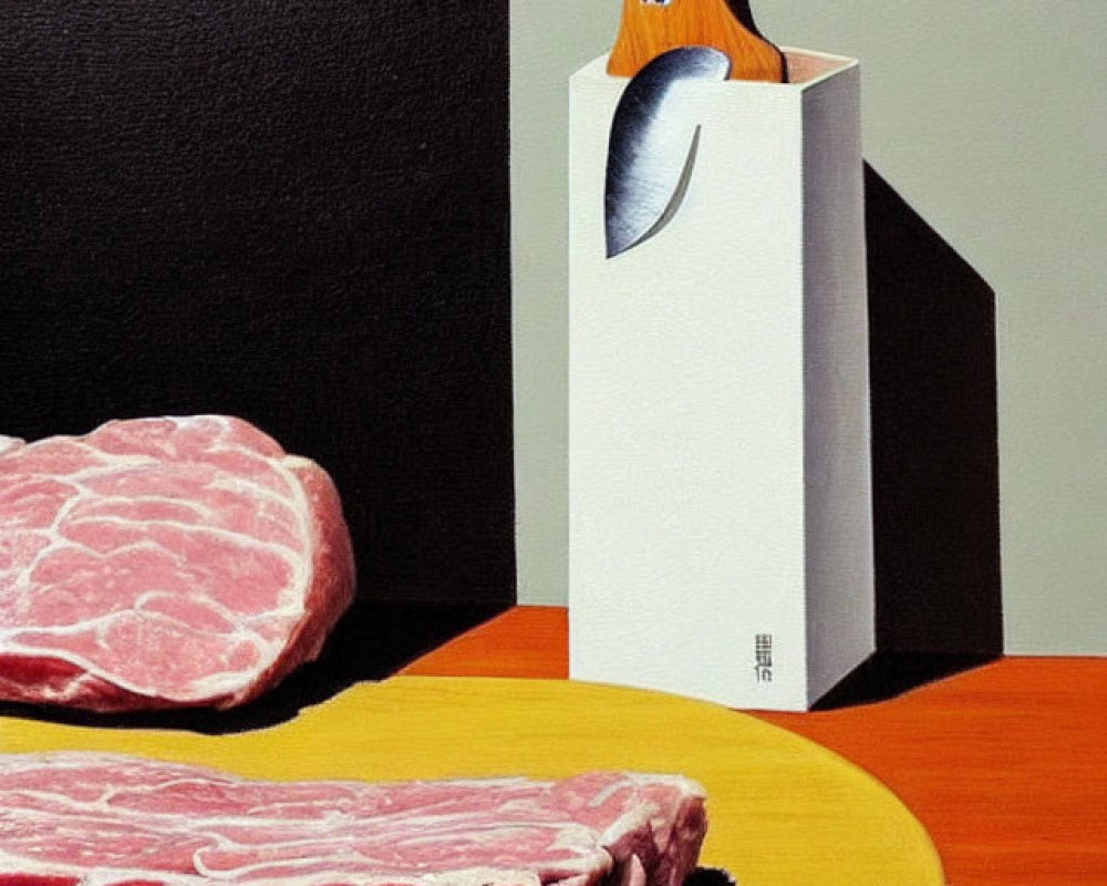 Realistic Painting of Raw Meat Slices on Wooden Plate and Cleaver on Two-Tone Background