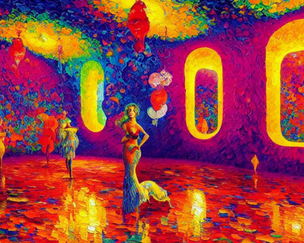 Colorful Impressionistic Art: Graceful Figures Dancing in a Fantastical Ballroom