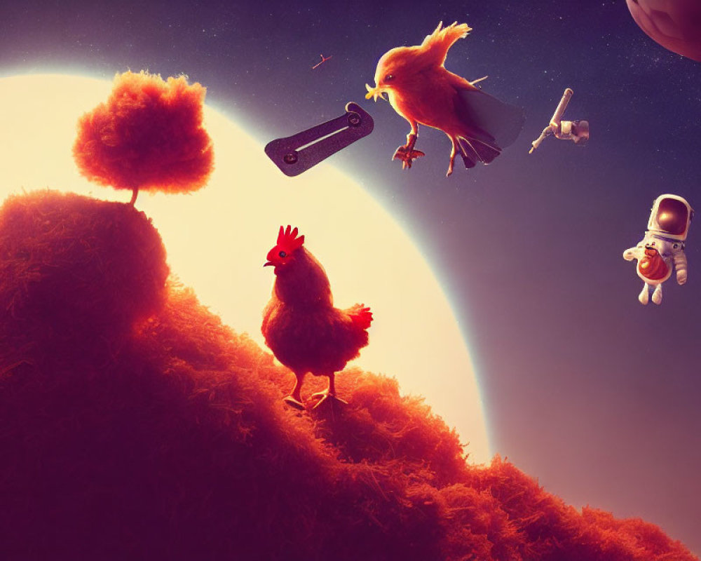 Whimsical space scene with giant chicken, astronaut, cow, and hawk on hilly planet