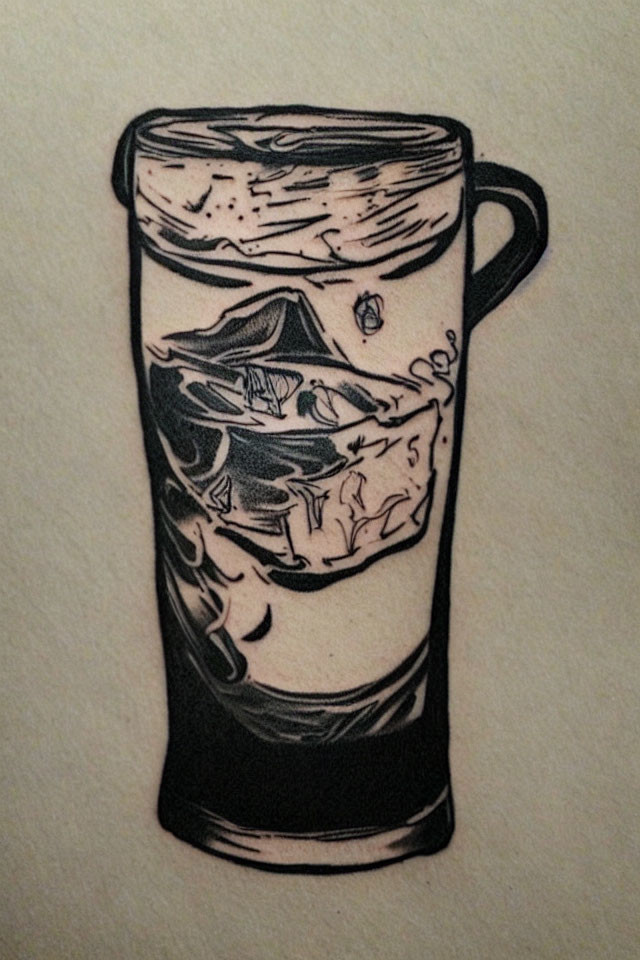 Detailed black and white woodcut style pint glass tattoo design with ship and sea monster.