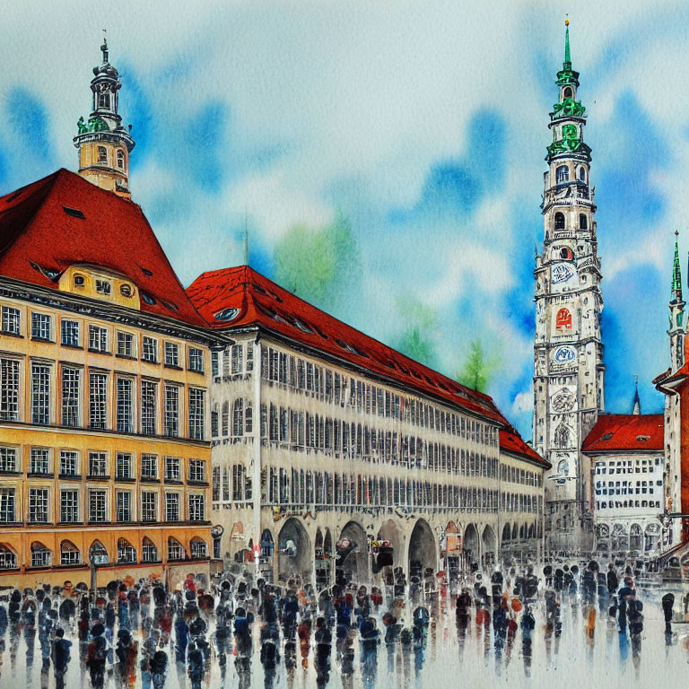 Historic building with clock tower in watercolor illustration