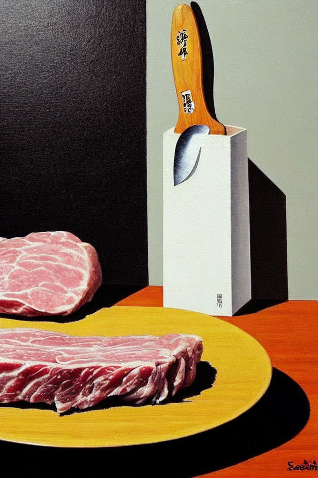 Realistic Painting of Raw Meat Slices on Wooden Plate and Cleaver on Two-Tone Background