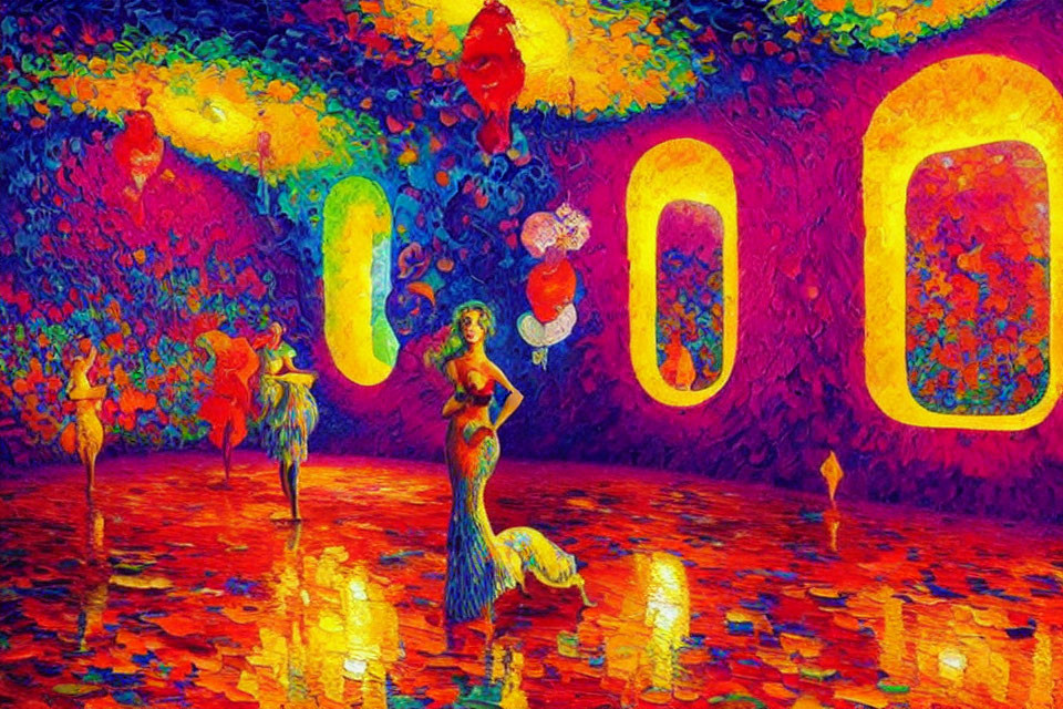 Colorful Impressionistic Art: Graceful Figures Dancing in a Fantastical Ballroom