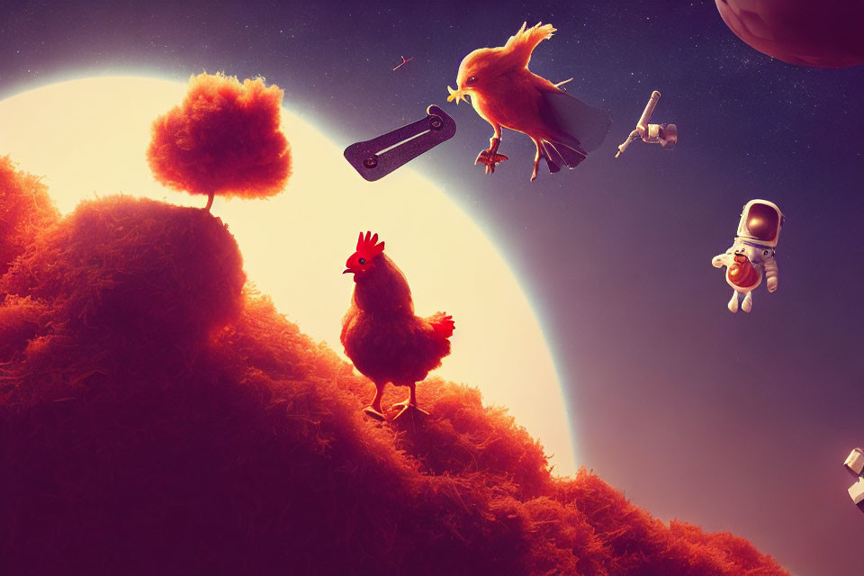 Whimsical space scene with giant chicken, astronaut, cow, and hawk on hilly planet