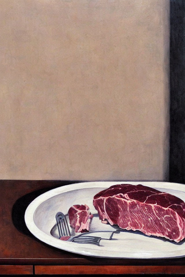 Realistic still life painting of raw steak on oval plate, wooden table, beige wall