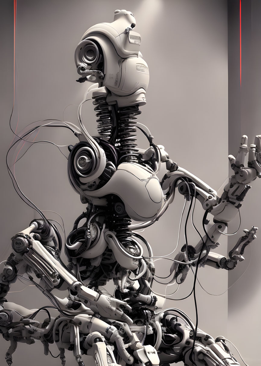 Detailed futuristic robotic figure with visible joints and wires against neutral background