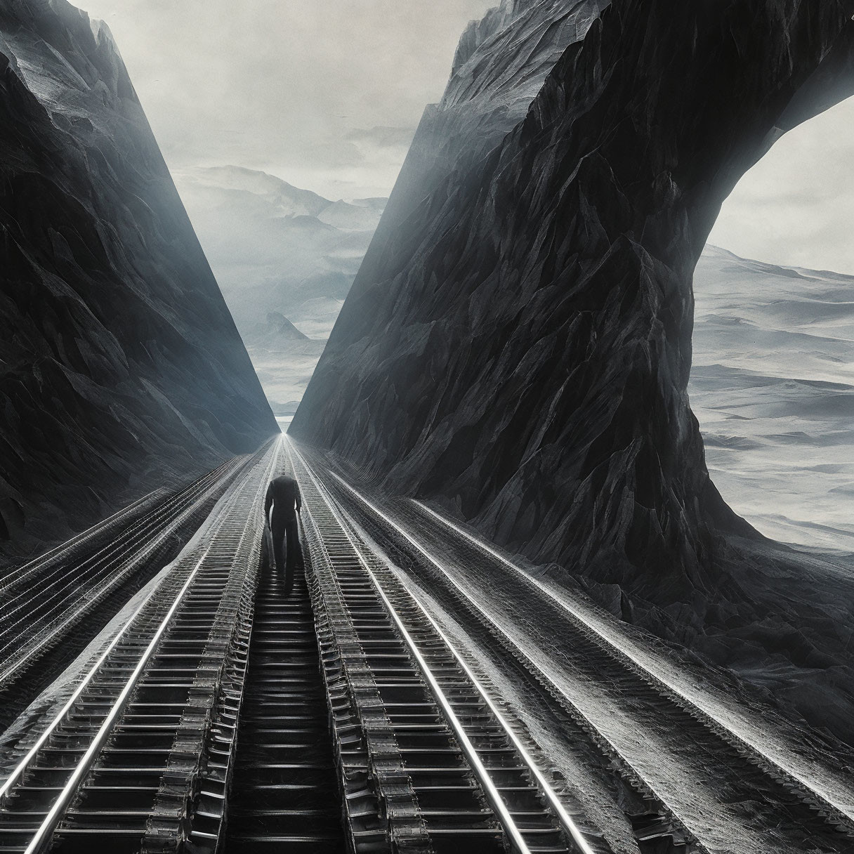 Solitary figure walking on railway track in mountainous landscape