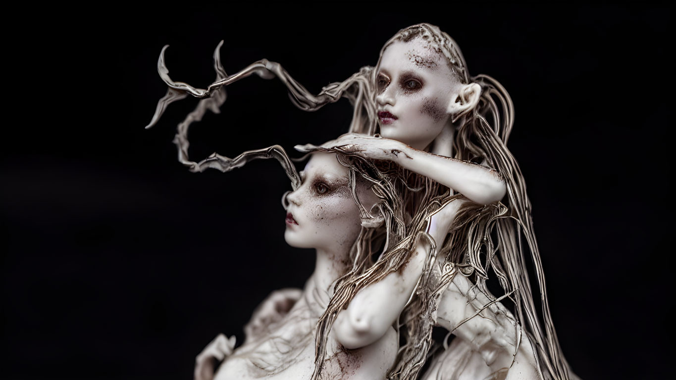 Eerie pale figures with elongated limbs against dark background