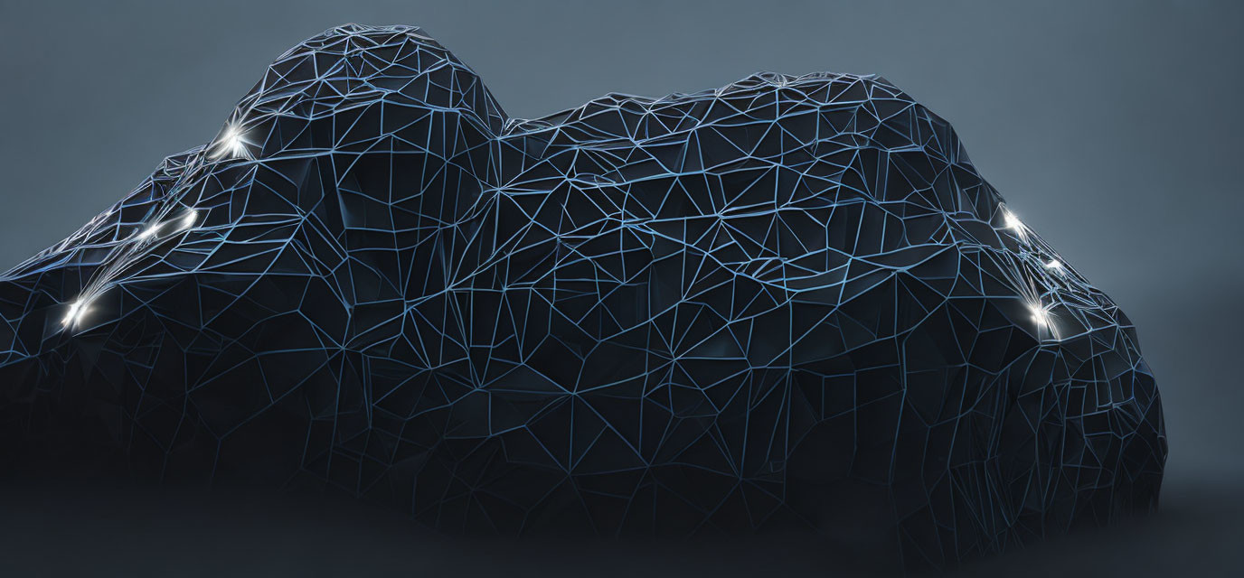 Low-poly mountains with glowing edges on dark backdrop