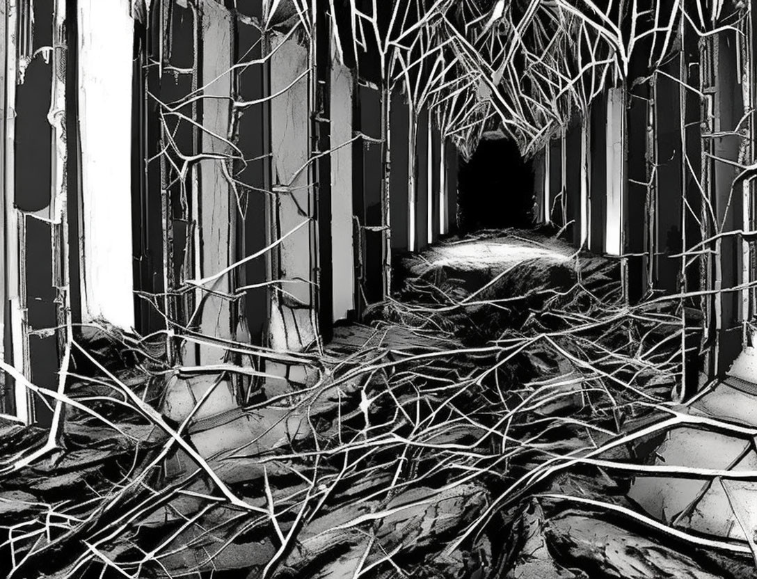 Monochrome eerie abandoned hallway with overgrown branches