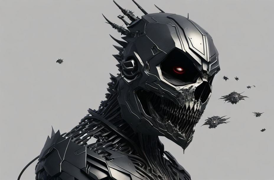 Menacing robotic skull with red eyes and drones on grey background