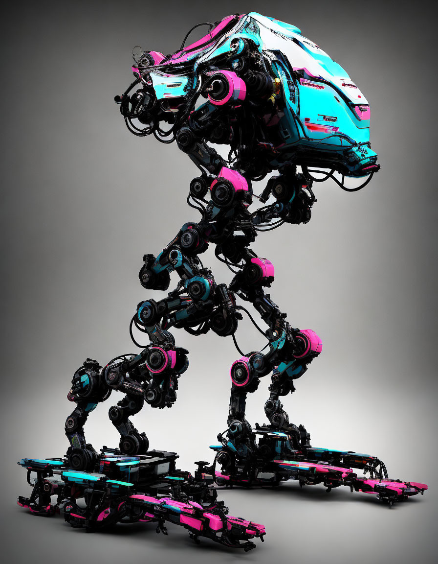 Articulated Limbs Futuristic Robot in Cyan and Pink on Grey Background