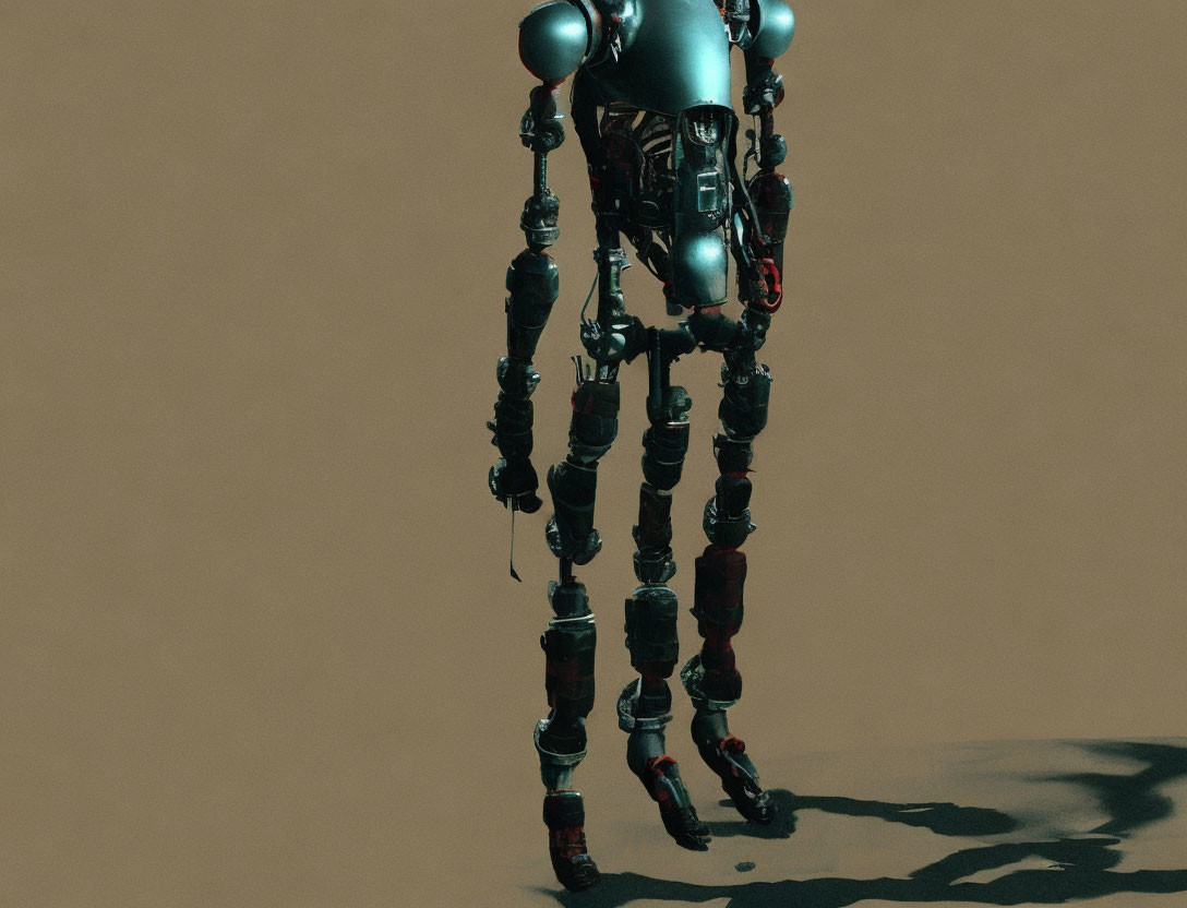 Futuristic robot with elongated legs and exposed wiring on polished torso