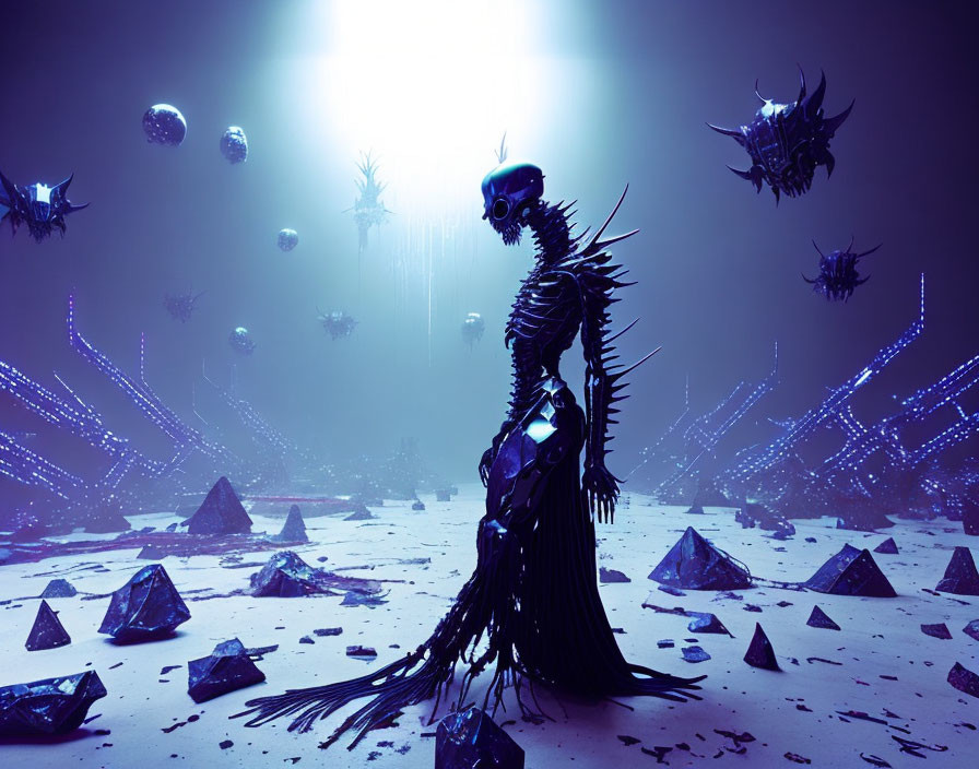 Surreal alien landscape with towering skeletal figure and floating orbs