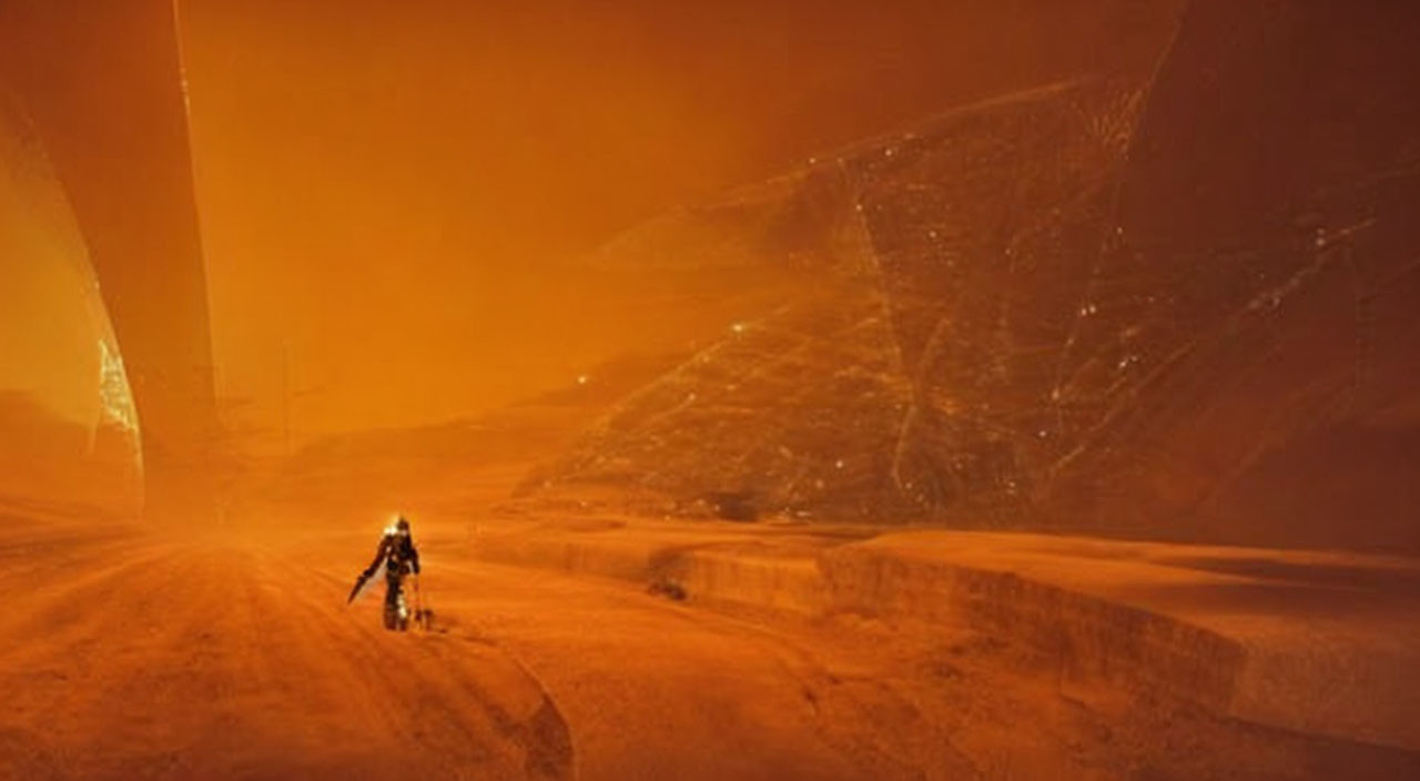 Astronaut walking on stormy Martian landscape with rocky terrain