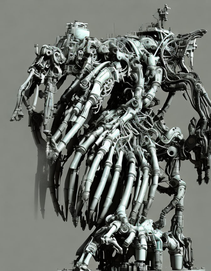 Intricate multi-limbed robot structure on plain background