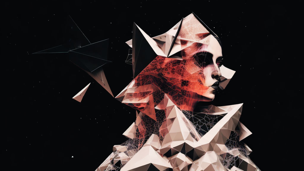 Abstract digital art: Fragmented human figure in geometric form on starry backdrop