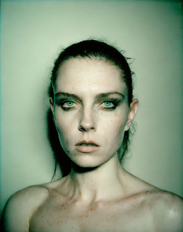 Intense close-up portrait of woman with freckles and dramatic eye makeup