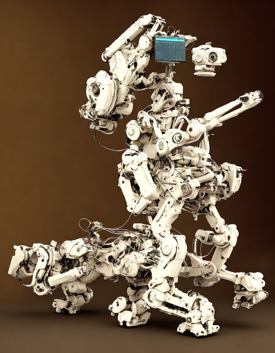 White Multi-Limbed Robot with Screen on Brown Background