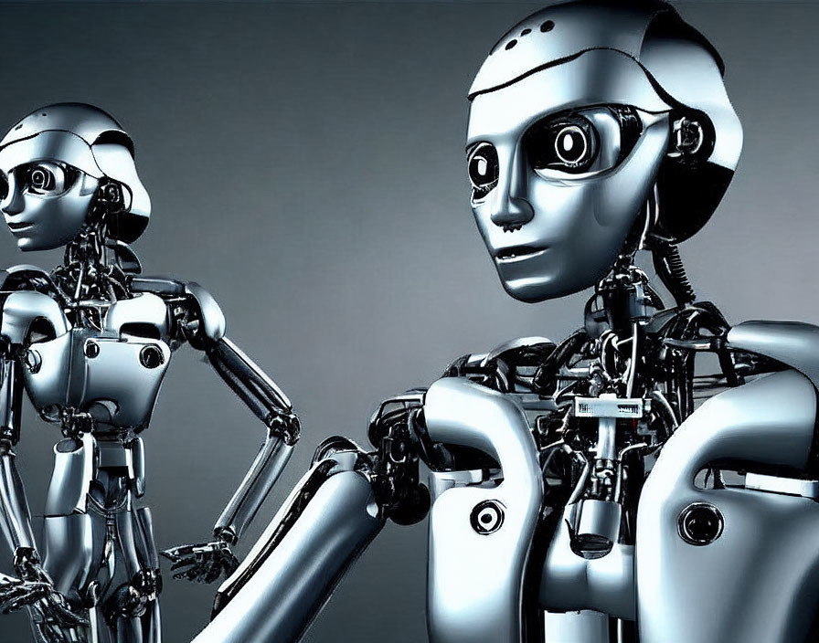 Detailed humanoid robots with visible mechanical joints on gray background