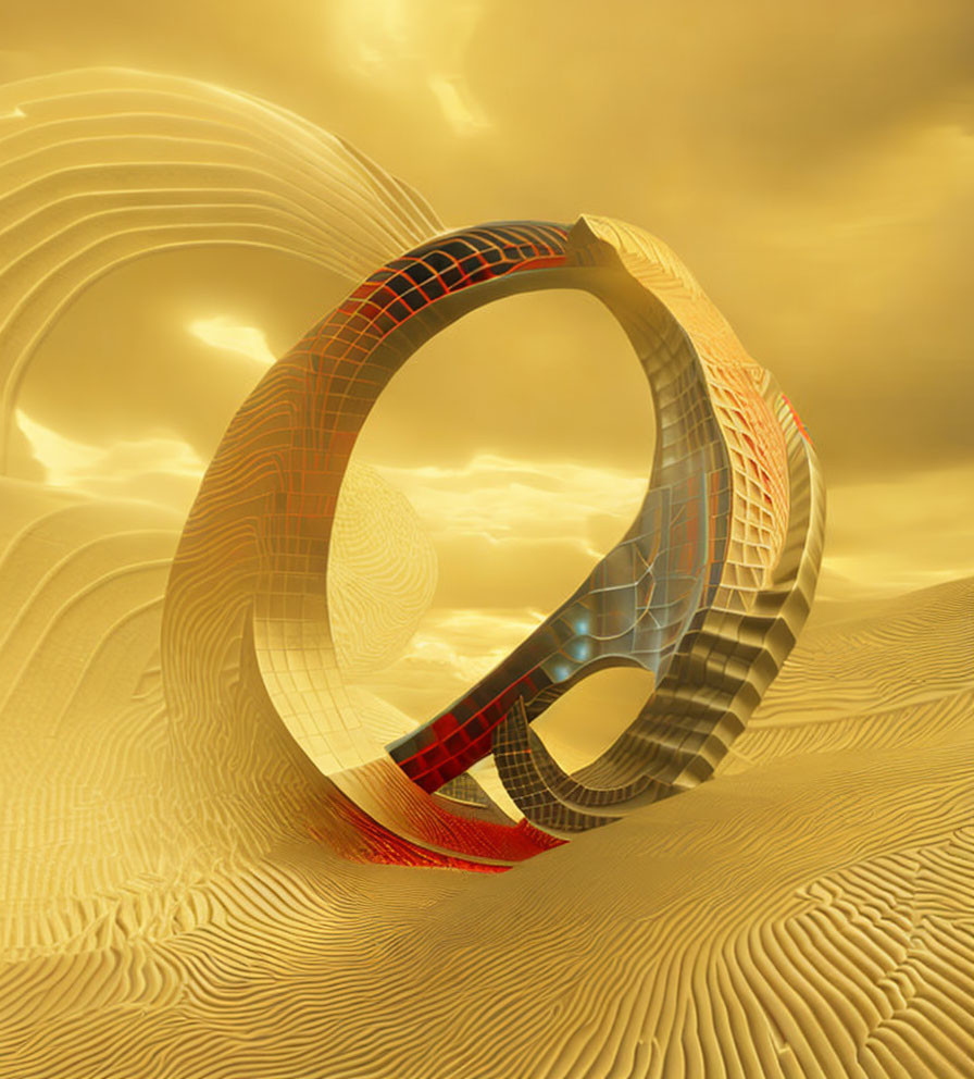 Futuristic Möbius Strip Structure in Golden Desert Oasis