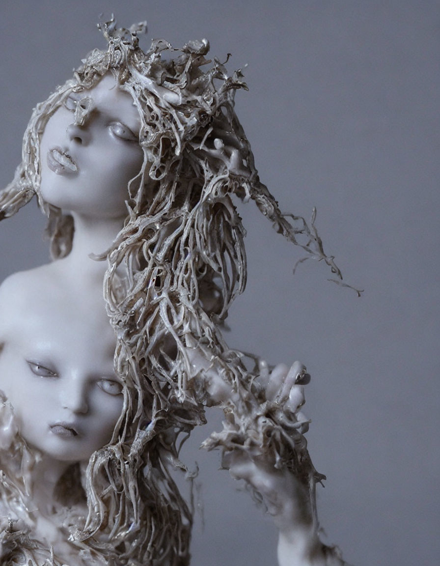 Monochromatic sculpture of female figure with intricate hair and smaller face emerging