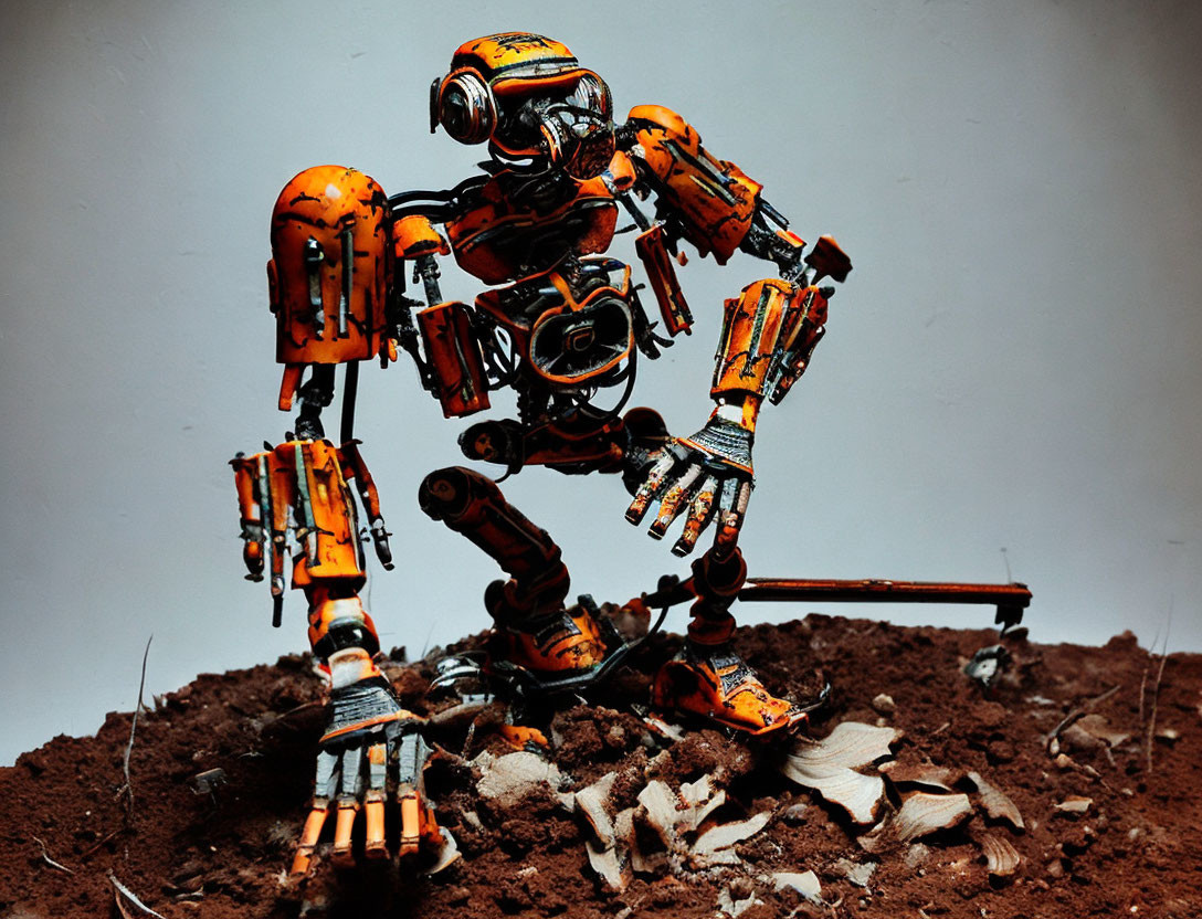 Orange and Black Intricate Robot on Dirt Ground with Mechanical Limbs