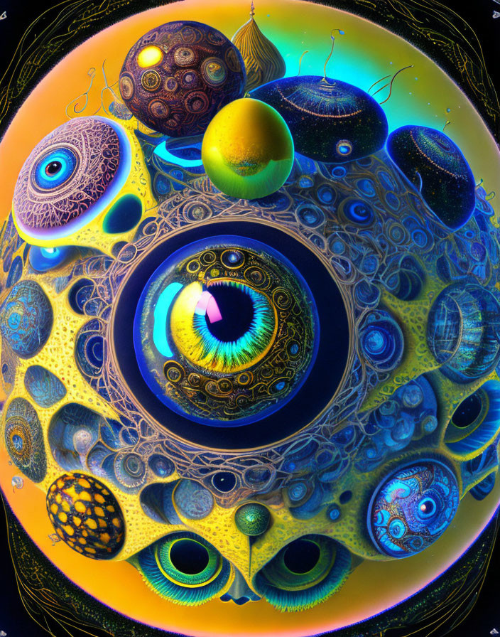 Colorful fractal art: Eye surrounded by vibrant patterns & textured spheres