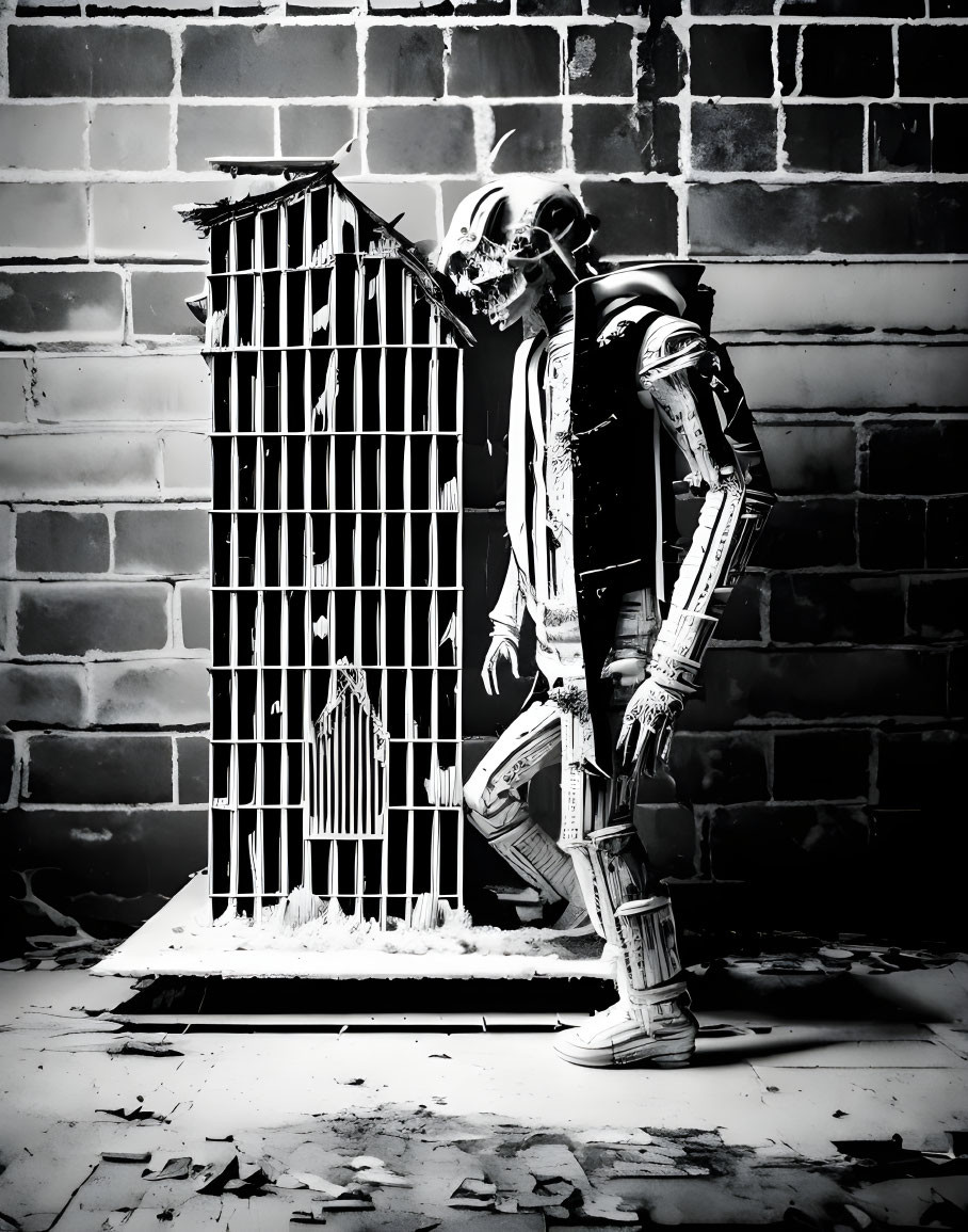 Skeleton Astronaut Emerges from Birdcage on Brick Wall