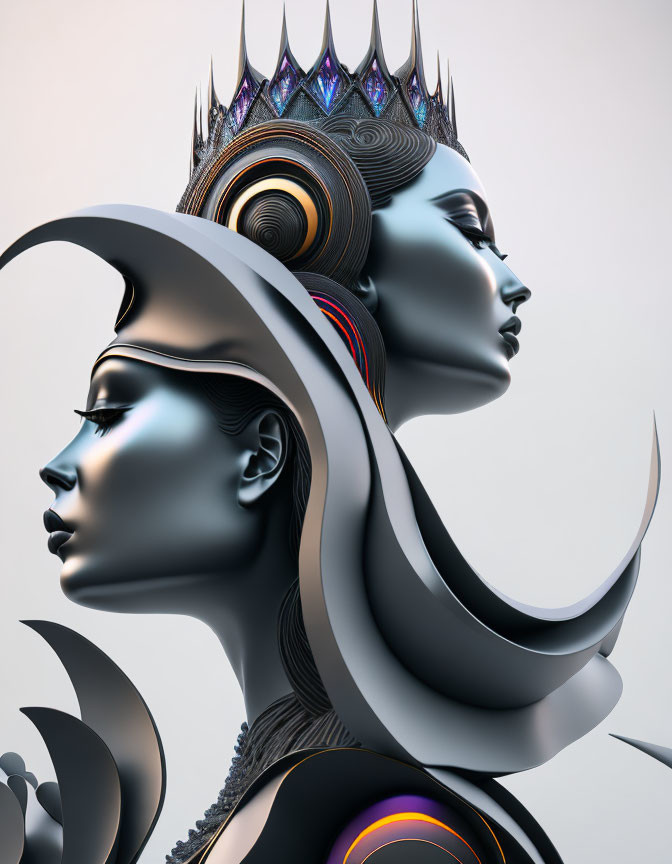 Stylized 3D artwork: Two female figures with elaborate headpieces and crowns