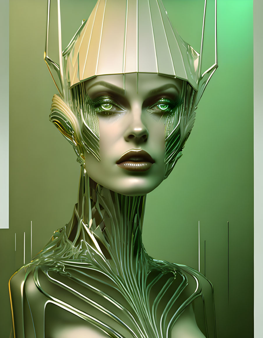 Futuristic female figure with metallic skin and avant-garde helmet on green background