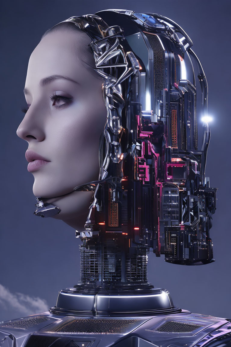 Half-Human, Half-Machine Face with Intricate Robotic Details on Purple Background