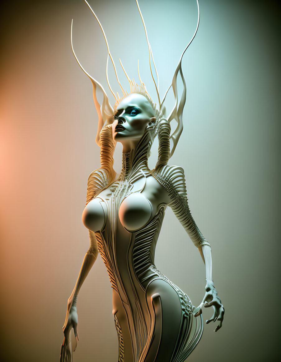 Futuristic humanoid with elongated head tendrils and intricate body armor