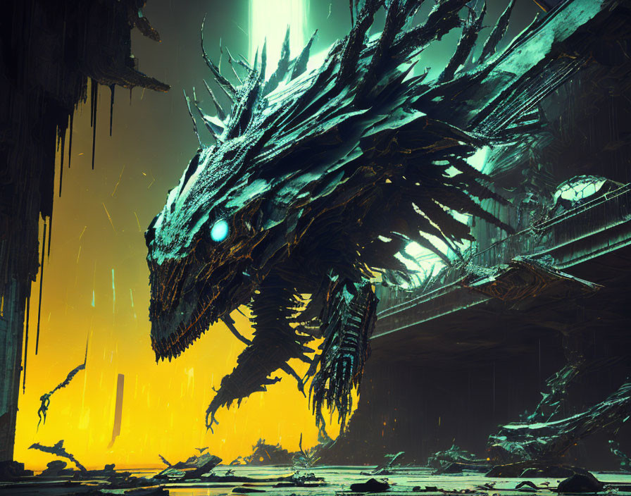 Menacing Cybernetic Dragon in Dystopian Landscape