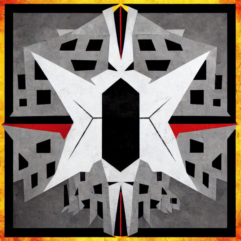 Symmetrical geometric star design in gray, black, white, and red tones on textured yellow background