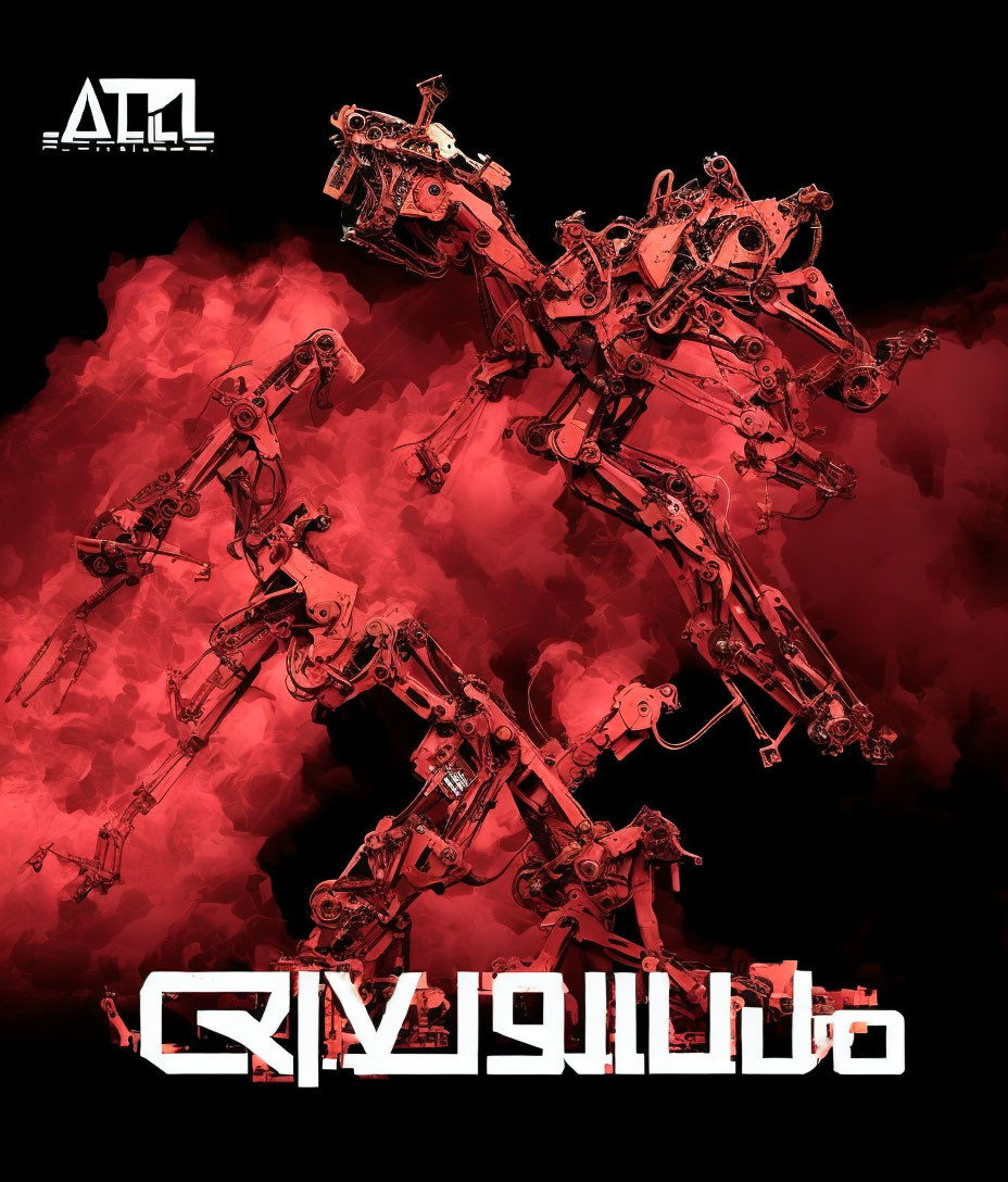 Red and Black Poster with Intricate Robotic Structure and Bold "GRIVIQUO" Text