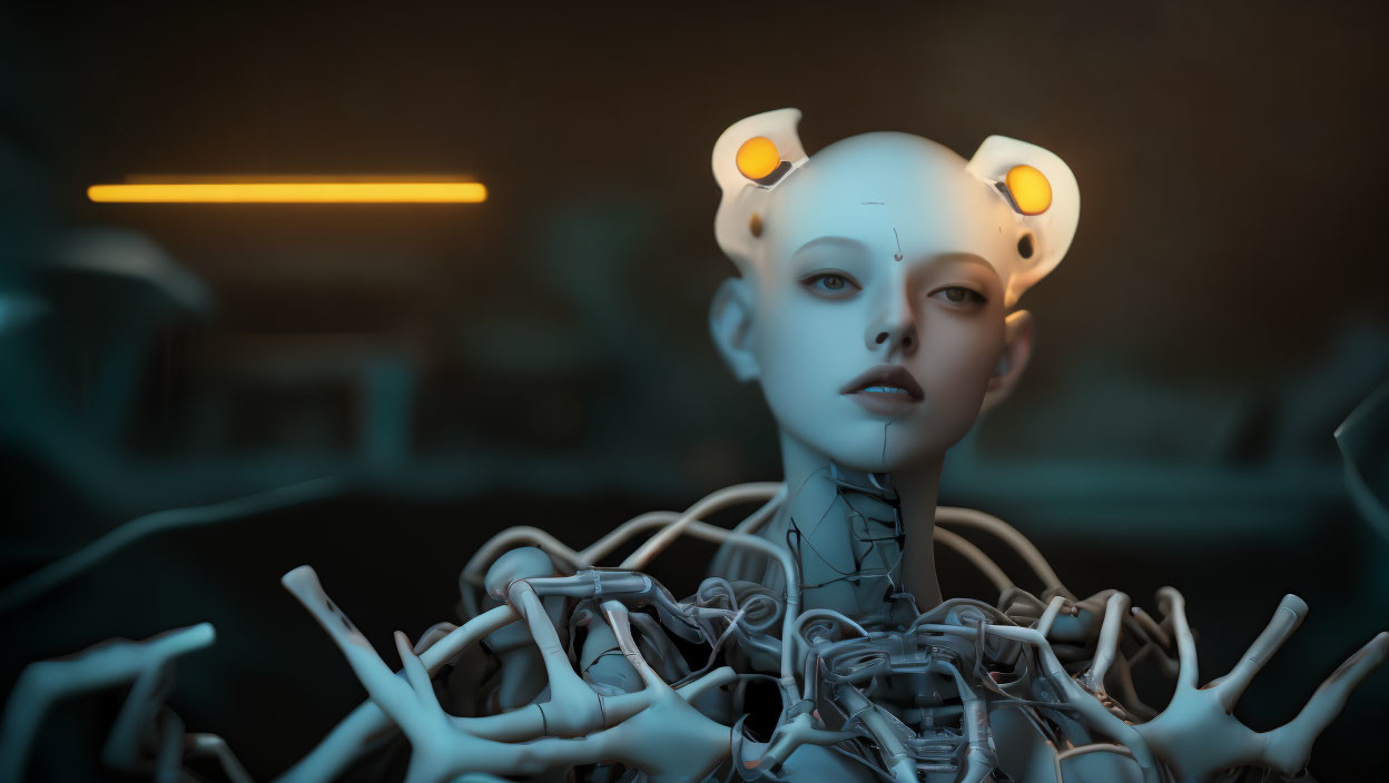 Pale-faced humanoid robot with yellow eyes surrounded by wires and exposed circuitry