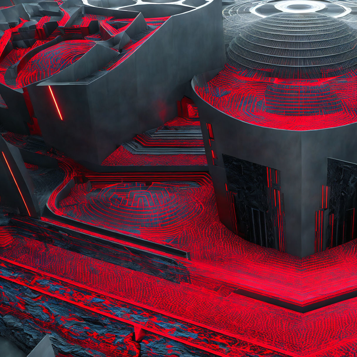 Abstract Red and Black Interior with Neon Lighting and Sci-Fi Architectural Structures