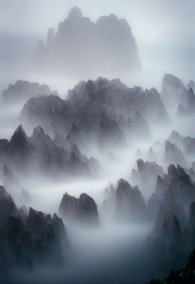 Misty layered mountain peaks in serene monochromatic landscape