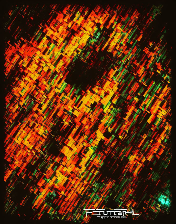 Vibrant Chaotic Pixel Art: Orange, Red, and Green on Black