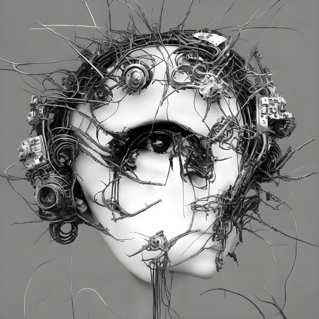 Humanoid face sculpture with wires and mechanical parts entwined for a chaotic, technological look