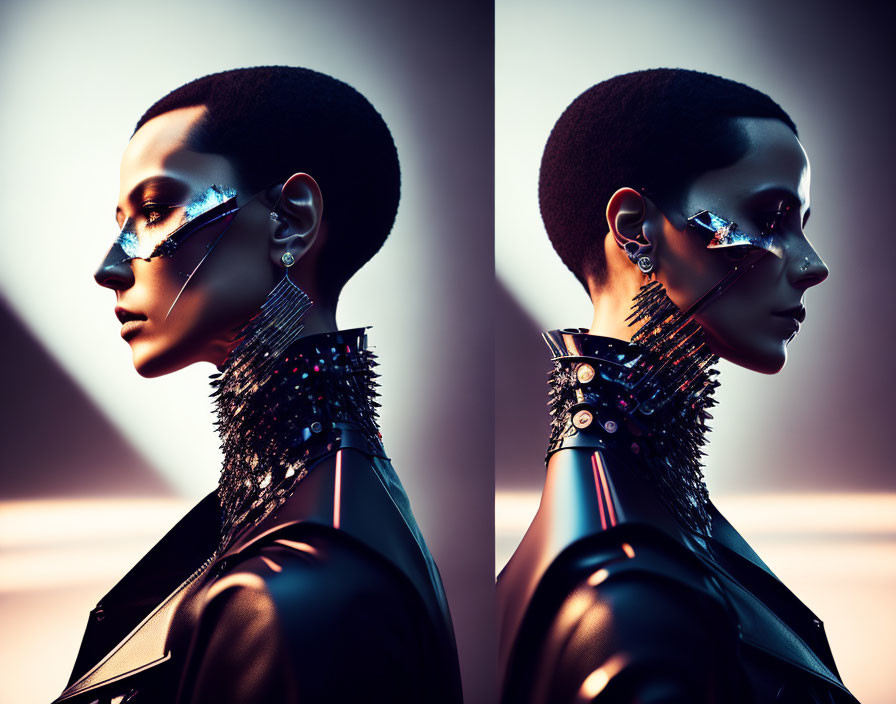 Person with futuristic cybernetic enhancements and metallic eye patch in dramatic lighting