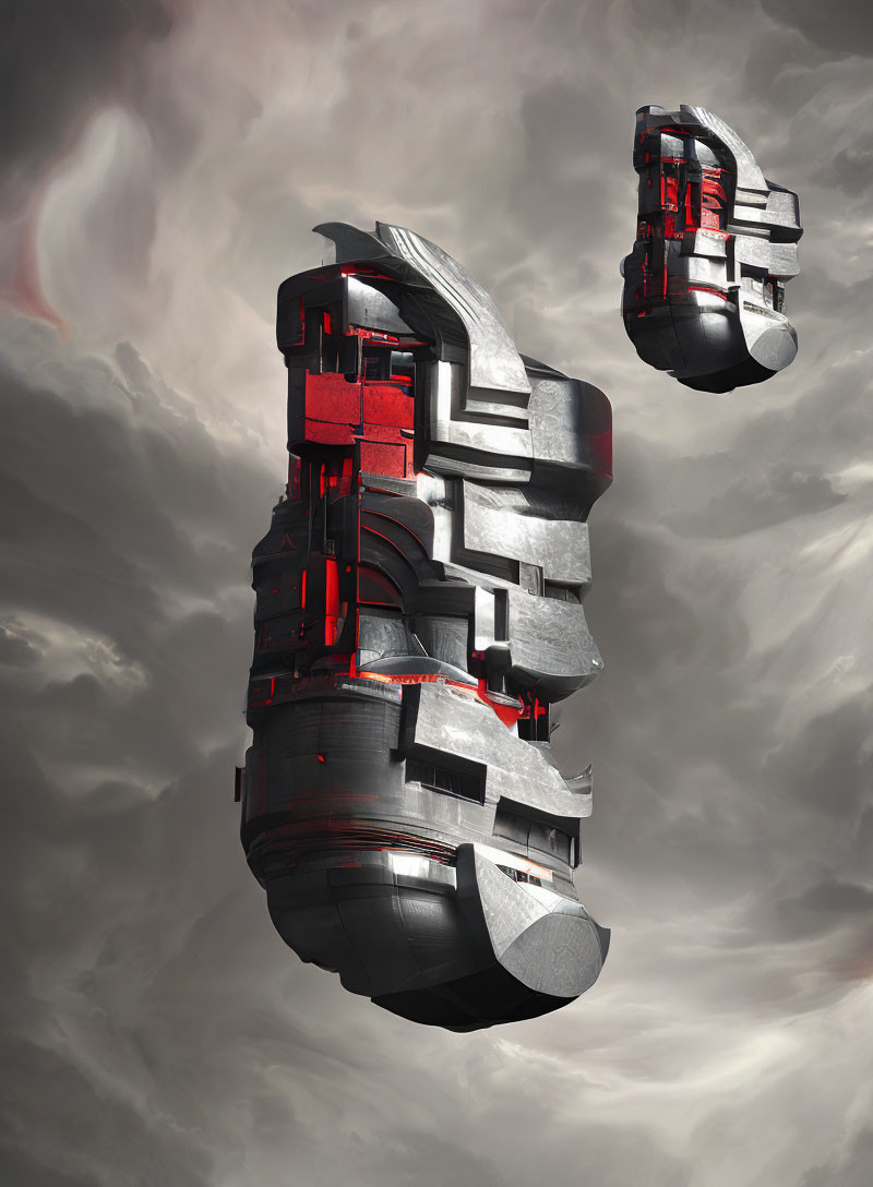 Futuristic floating metal structures with red and silver accents against a cloudy sky