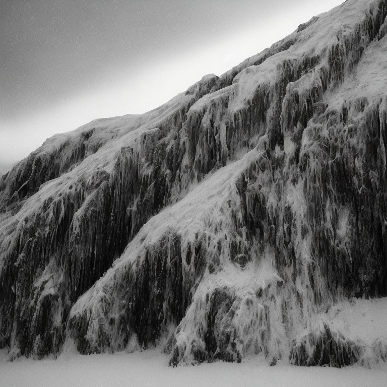 Monochrome icy landscape with frozen cascades and snowy terrain