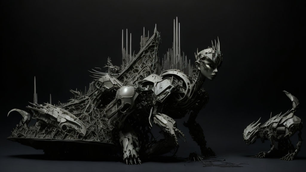 Monochromatic image of metallic humanoid and creature with sharp spines